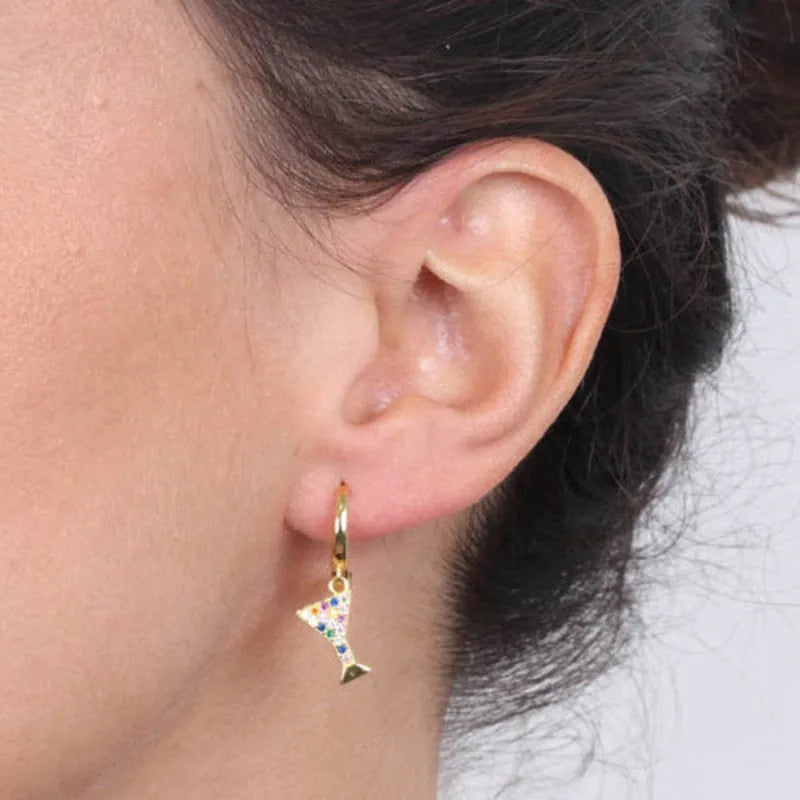 Earrings in 925 Silver circles with hanging goblets covered with multicolor zircons