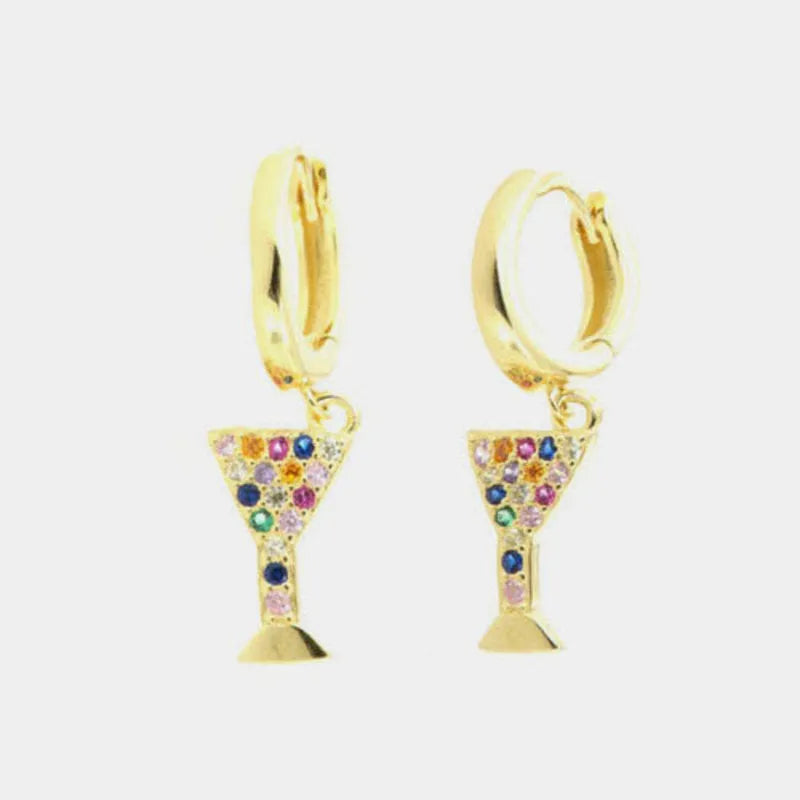 Earrings in 925 Silver circles with hanging goblets covered with multicolor zircons