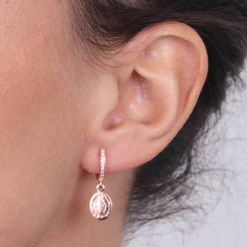 925 Silver Earrings with Dangling Madonna and White Zircons