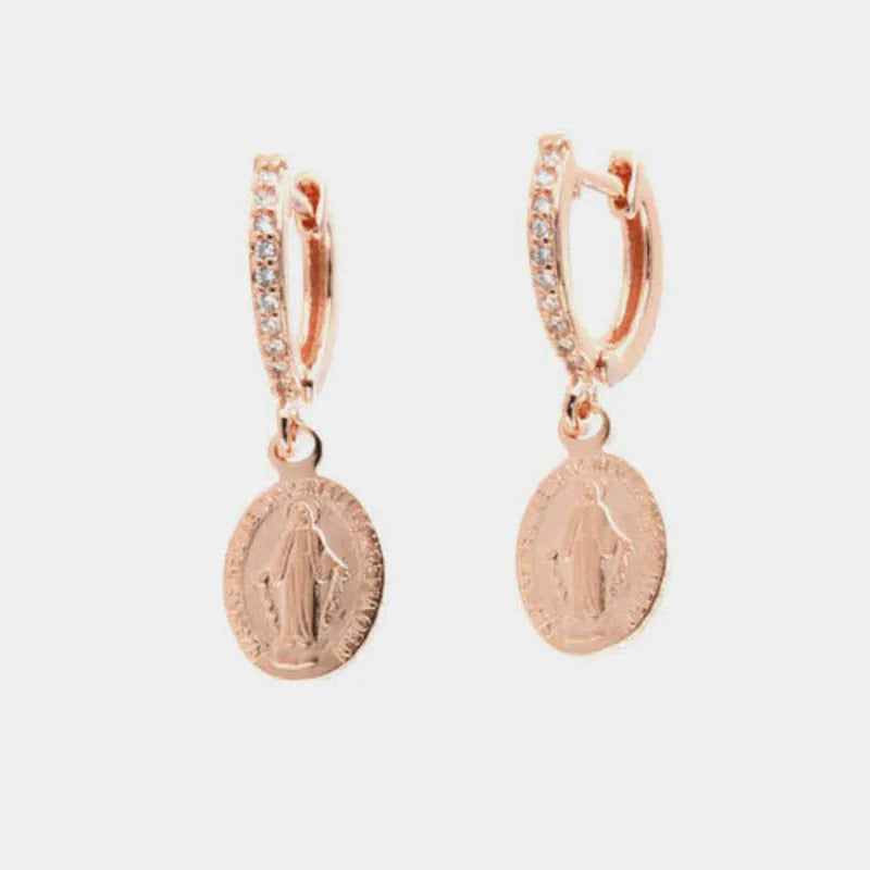 925 Silver Earrings with Dangling Madonna and White Zircons