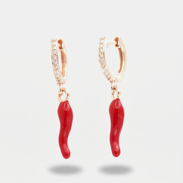 Orecchini in Argento 925 a cerchietto con corno in smalto rosso pendente - BYSIMON gioielli