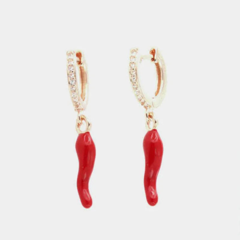Orecchini in Argento 925 a cerchietto con corno in smalto rosso pendente