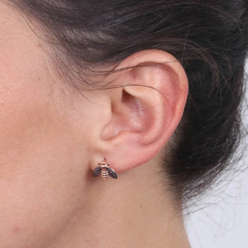 925 Sterling Silver stud earrings with a bee embellished with black zircons on its wings