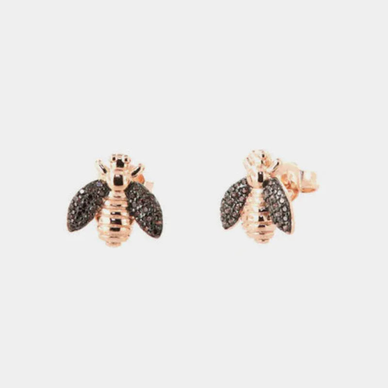 925 Sterling Silver stud earrings with a bee embellished with black zircons on its wings