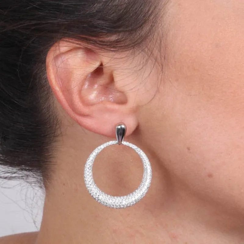 925 Sterling Silver Dangle Hoop Earrings with White Zircons