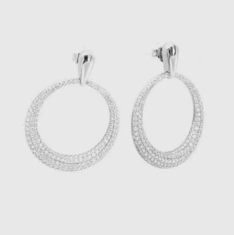 925 Sterling Silver Dangle Hoop Earrings with White Zircons