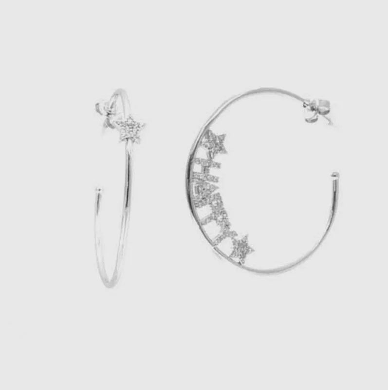 925 Silver hoop earrings with "HAPPY" written inside, embellished with bright zircons