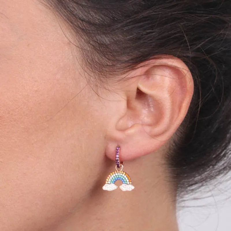 925 Sterling Silver hoop earrings with rainbow pendant embellished with multi-colored zircons