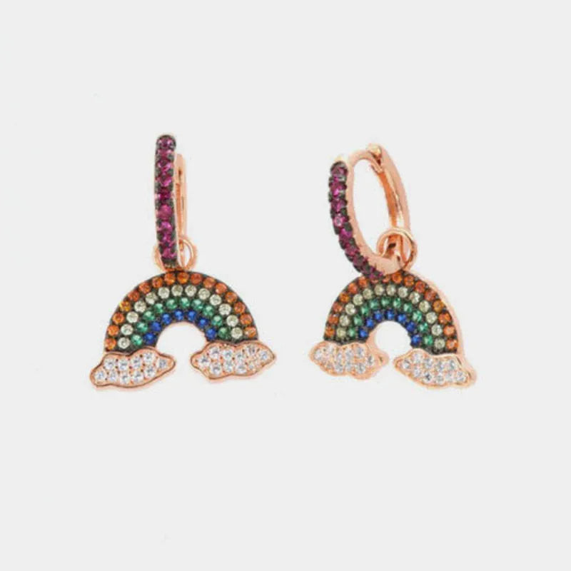 925 Sterling Silver hoop earrings with rainbow pendant embellished with multi-colored zircons