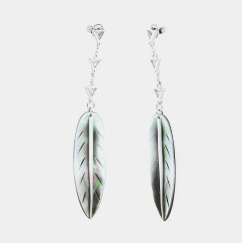 Sterling Silver Dangle Earrings with Feather and White Zircons