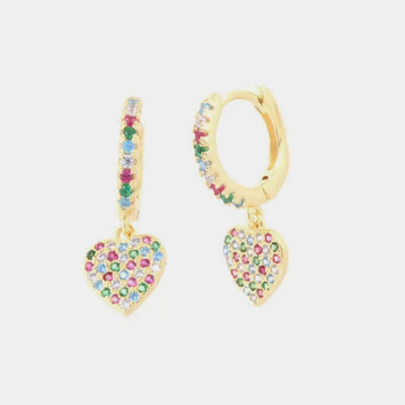 Orecchini in Argento 925 cerchietto con cuore pendente, arricchito da zirconi multicolore