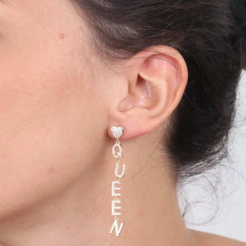 Sterling Silver 925 earrings with "QUEEN" embellished with white cubic zirconia