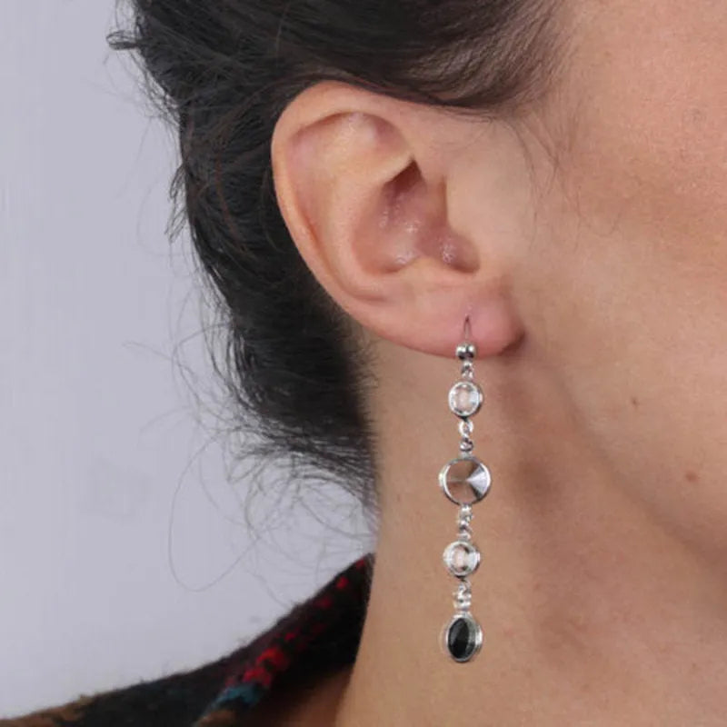 Sterling Silver drop earrings with black and smoky crystals
