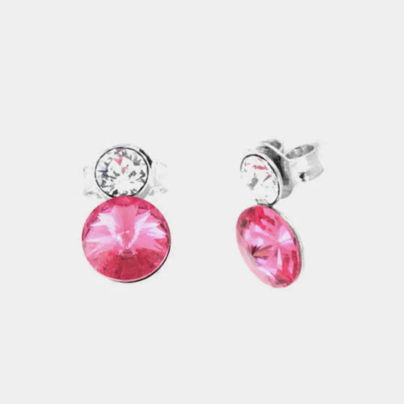 Sterling Silver Dangle Earrings with Double Pavé Setting and Pink Crystals