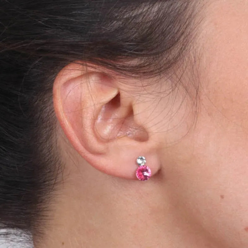 Sterling Silver Dangle Earrings with Double Pavé Setting and Pink Crystals