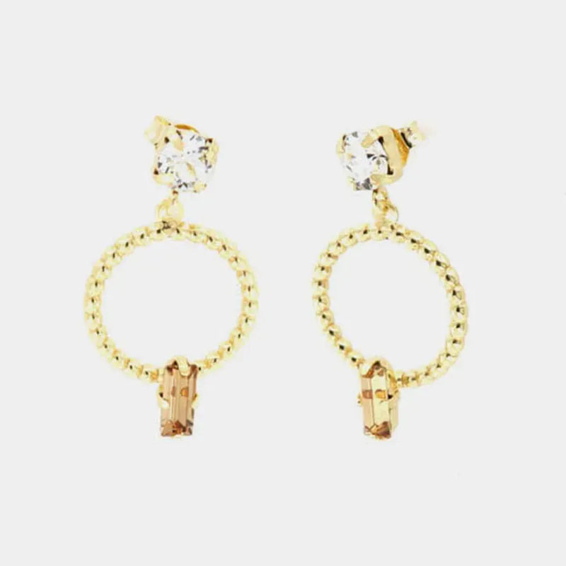 Orecchini in Argento 925 con punto luce bianco a lobo e cerchio pendente con cristallo champagne