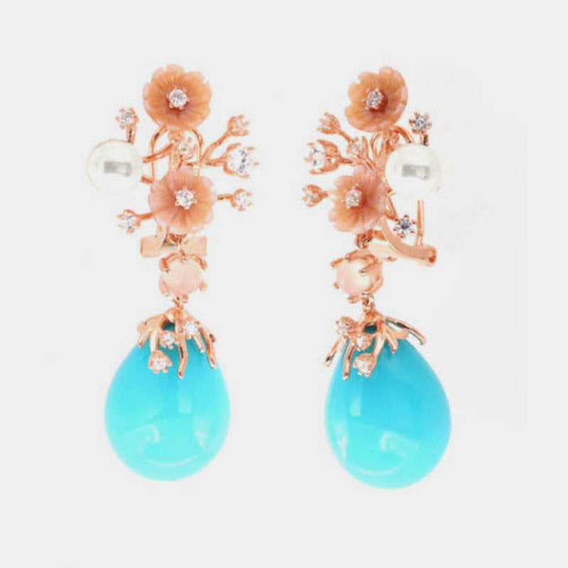 Orecchini in Argento 925 con fiori in madreperla con zirconi, perle di fiume e perla turchese SIMEONE - gioiello BySimon