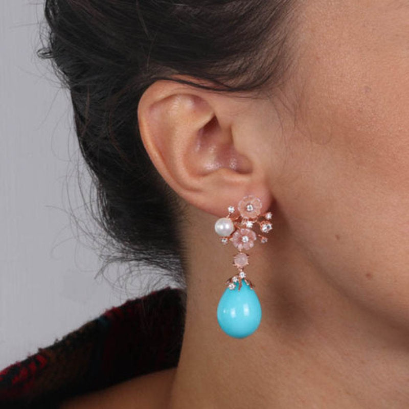 Orecchini in Argento 925 con fiori in madreperla con zirconi, perle di fiume e perla turchese SIMEONE - gioiello BySimon