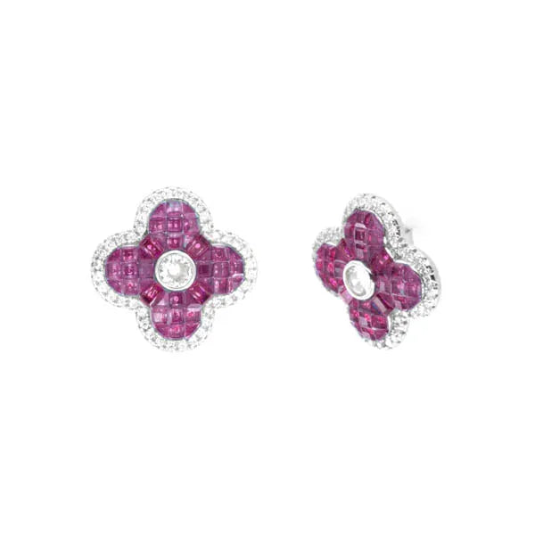 Orecchini in Argento 925 fiore pavè, zirconi rubino impreziosito da zirconi bianchi