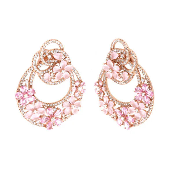 Orecchini in Argento 925 a cerchio pendente con fiori di zirconi dalle sfumature rosa e bianco