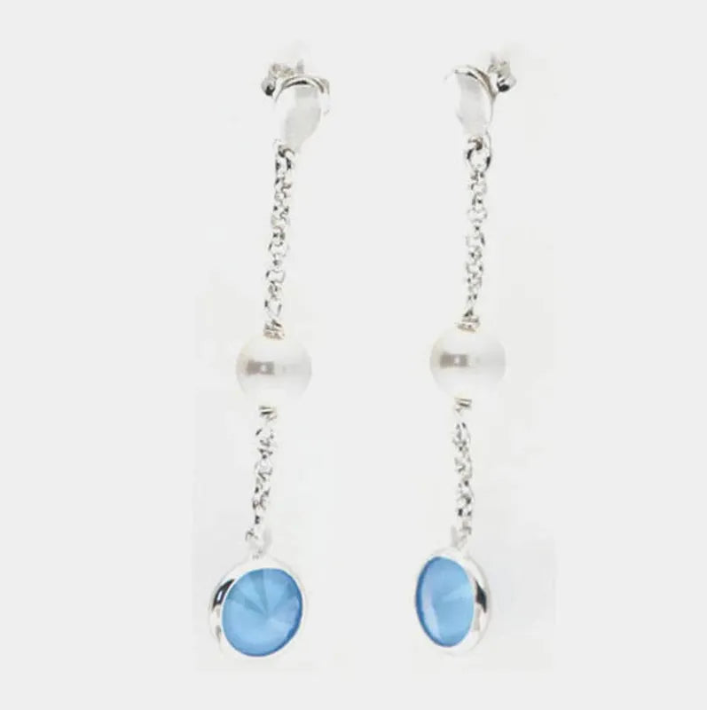 Orecchini in Argento 925 pendenti con cristallo azzurro e perla bianca centrale