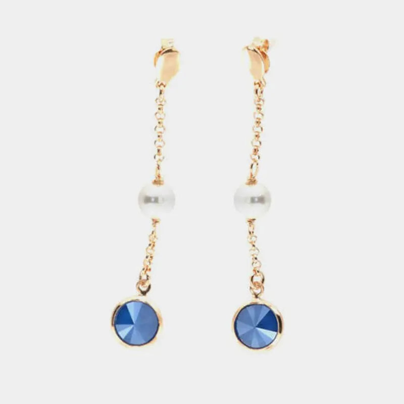 Orecchini in Argento 925 pendenti con cristallo royal blu e perla bianca centrale