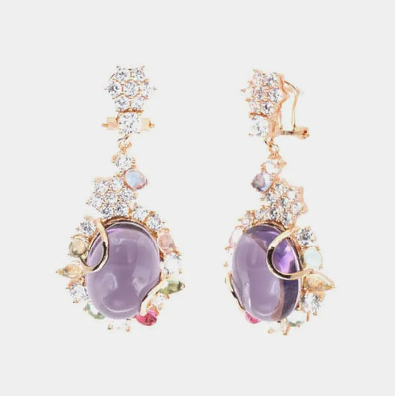 Orecchini in Argento 925 pendenti, con grande zircone viola centrale, impreziosito da zirconi bianchi