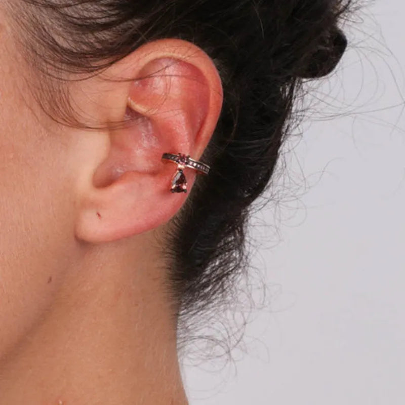 Silver Ear Cuff with black zircons and dangling smoky zircon