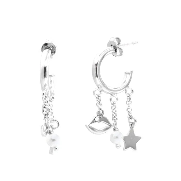 Orecchini in Argento 925 cerchietti con pendenti a cascatina con stelle, labbra e perle di acqua