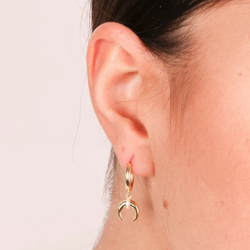 Sterling Silver 925 Hoop Earrings with Half Moons and White Zircons