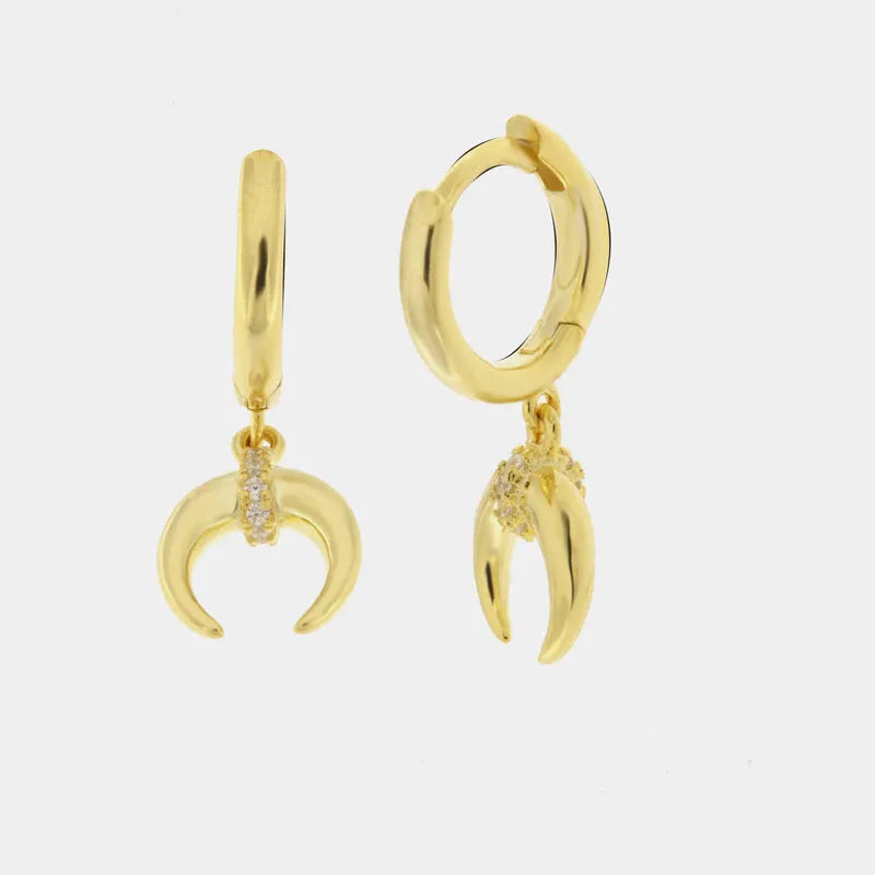 Sterling Silver 925 Hoop Earrings with Half Moons and White Zircons