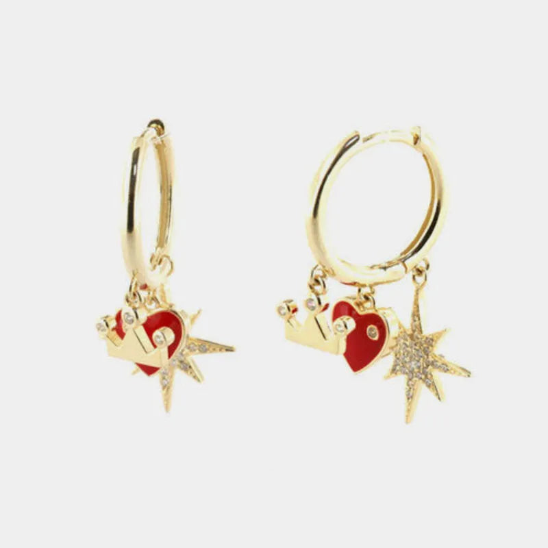 Orecchini in Argento 925 cerchietti con cuori rossi smaltati, corone, rosa dei venti a zirconi bianchi