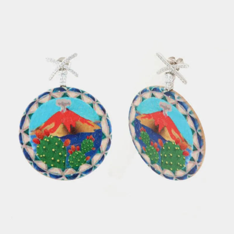 Orecchini in Argento 925 in legno, con stampa colorata, etna e fichi d'india, impreziositi da zirconi bianchi