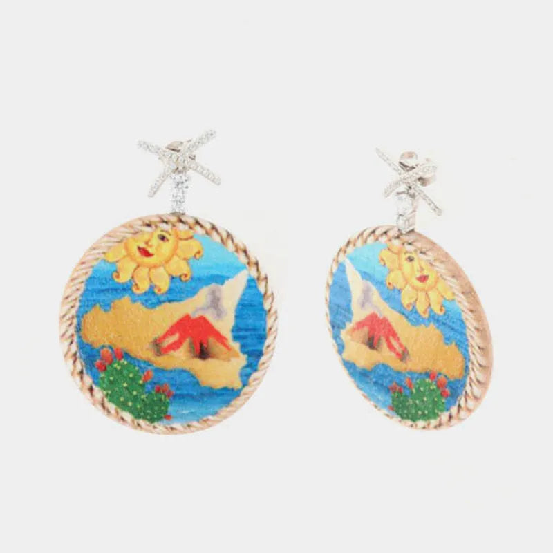 Orecchini in Argento 925 in legno, con stampa colorata, Sicilia e fichi d'india, impreziositi da zirconi bianchi