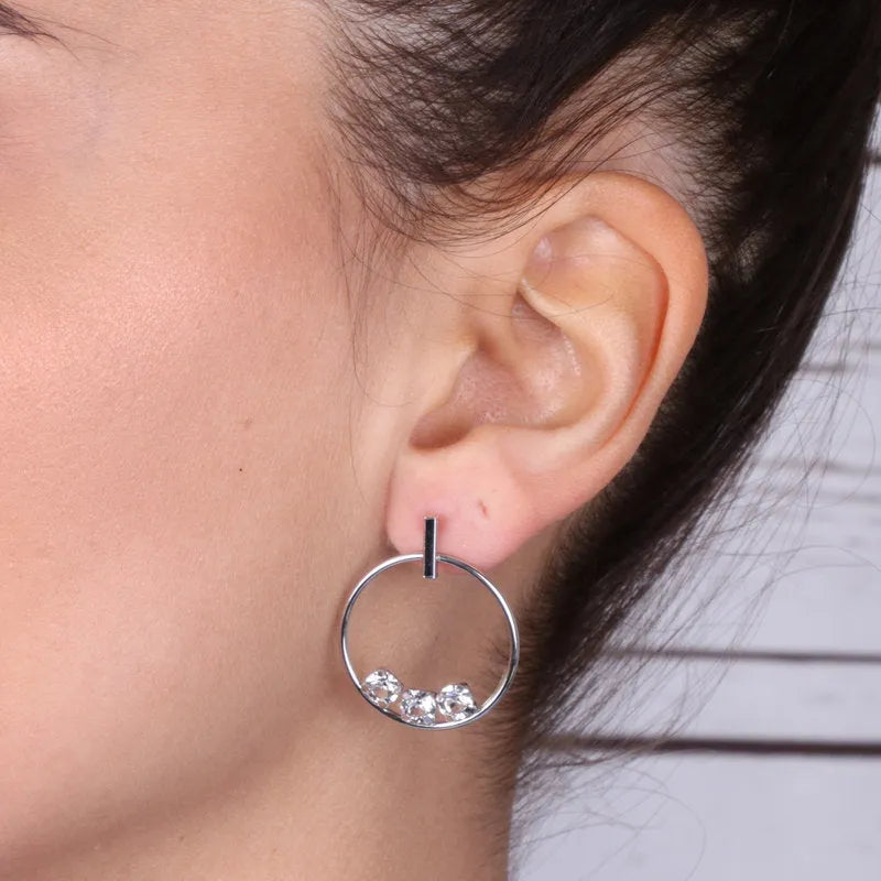 925 Silver Hoop Earrings with Trio of White Crystals