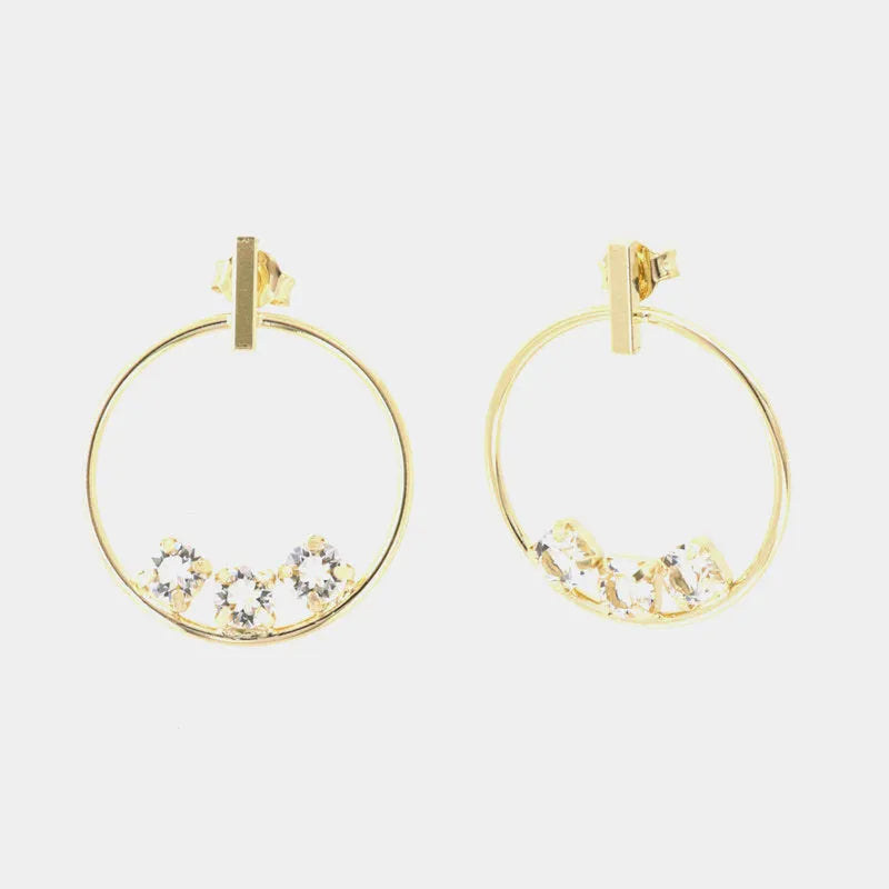 Sterling Silver 925 Hoop Earrings with Trio of White Crystals