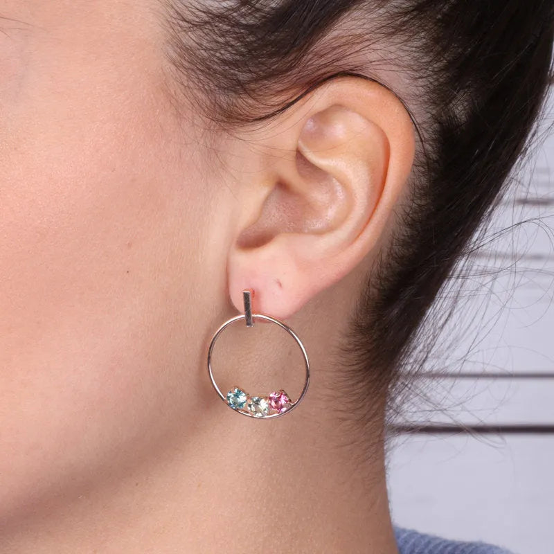 925 Sterling Silver hoop earrings with trio of multi-colored crystal light points