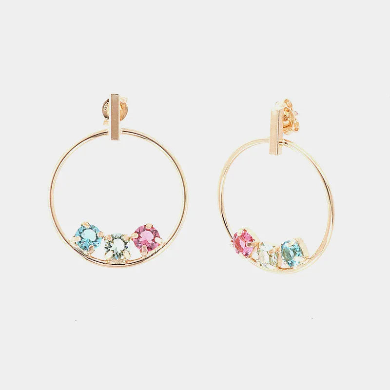 925 Sterling Silver hoop earrings with trio of multi-colored crystal light points