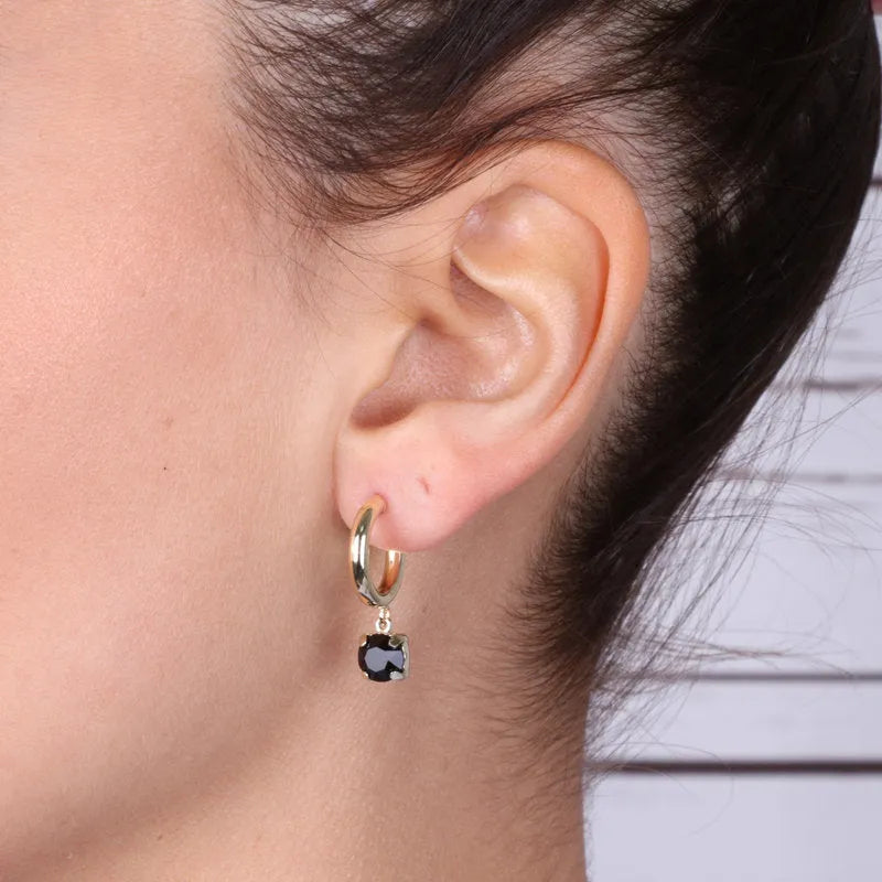 925 Silver Hoop Earrings with Dangling Black Crystal