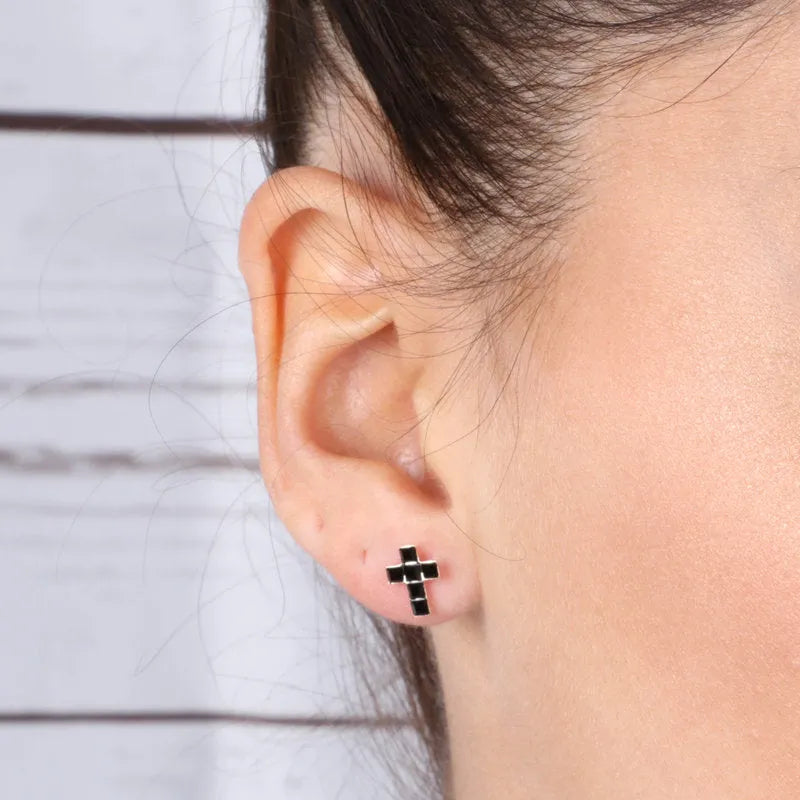 Sterling Silver cross stud earrings, embellished with black crystals