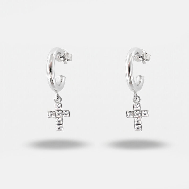 Orecchini in Argento 925 a cerchietto, con croci di cristalli bianchi - BYSIMON gioielli