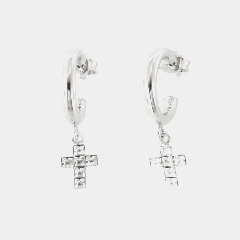 Hoop earrings in 925 Silver, with white crystal crosses