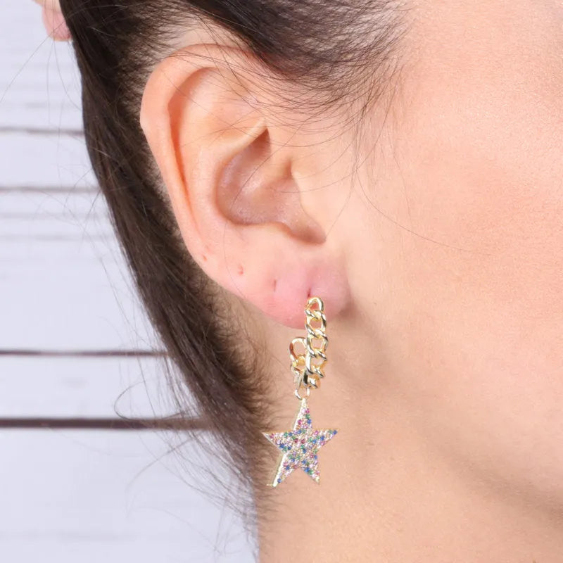 Sterling Silver 925 earrings with chain semicircle and multicolor zircon star pendant