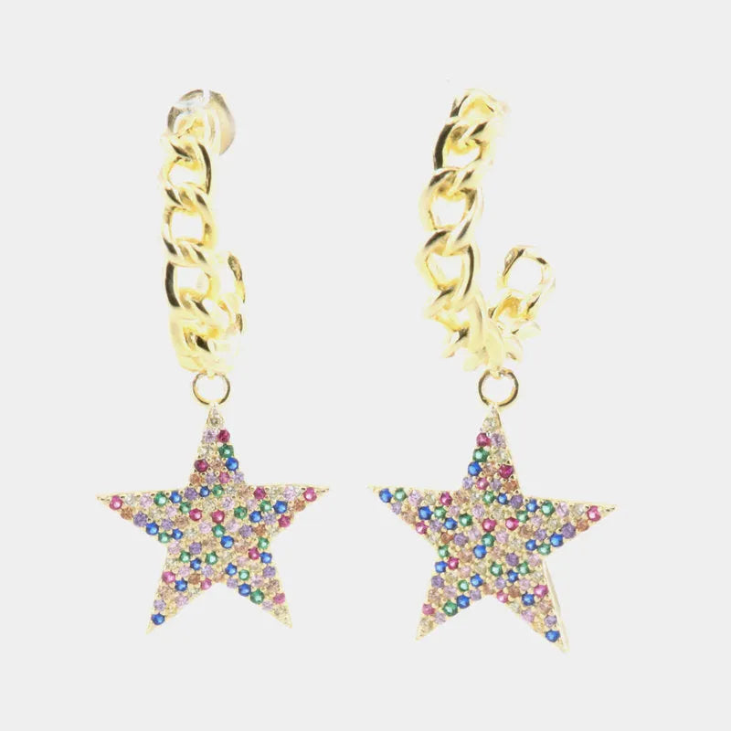 Sterling Silver 925 earrings with chain semicircle and multicolor zircon star pendant