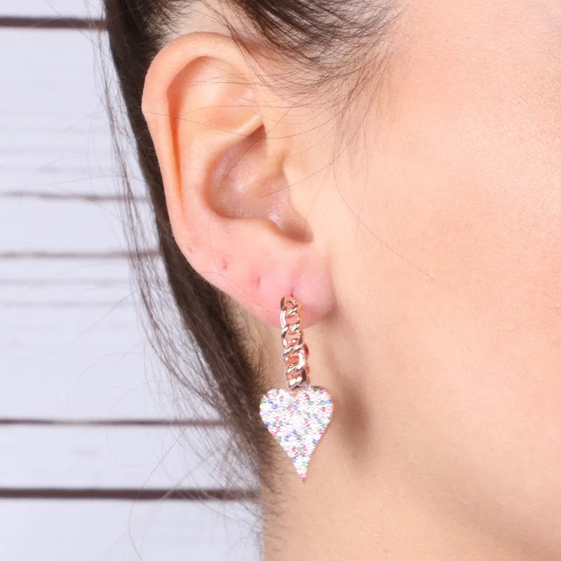 925 Sterling Silver earrings with chain half-hoop and dangling multicolored zircon hearts