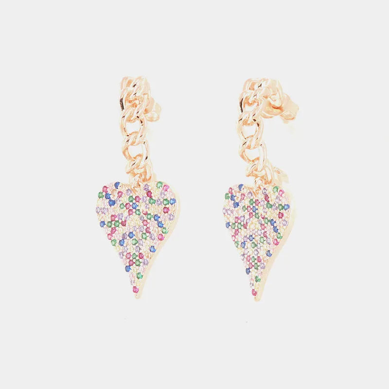 925 Sterling Silver earrings with chain half-hoop and dangling multicolored zircon hearts