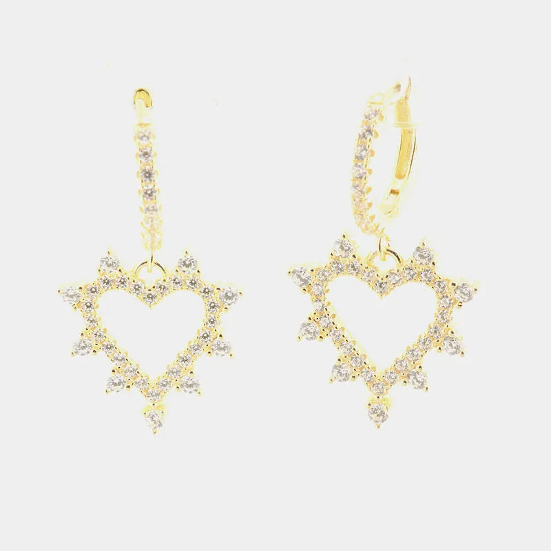925 Silver earrings with hoop and dangling open heart embellished with white zircons