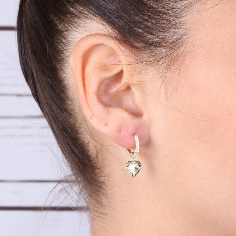 Sterling Silver 925 hoop earrings with white zircons and a dangling wavy heart