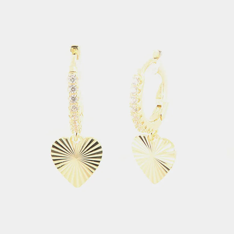 Sterling Silver 925 hoop earrings with white zircons and a dangling wavy heart