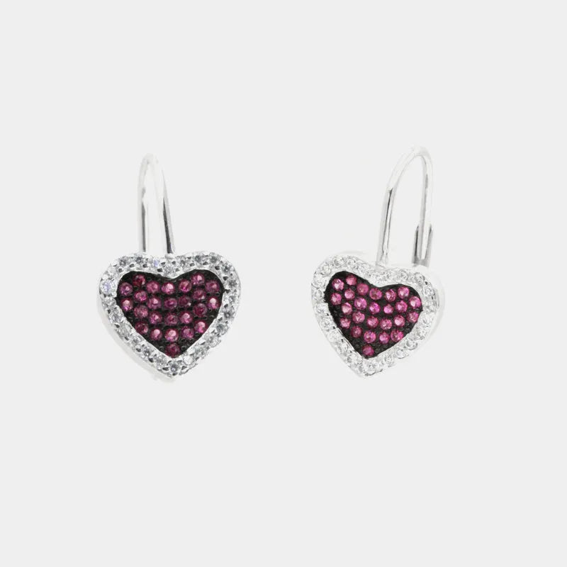 Orecchini in Argento 925 a cuore, pavè di zirconi rubino su base brunita e zirconi bianchi sul perimetro, ad aggancio